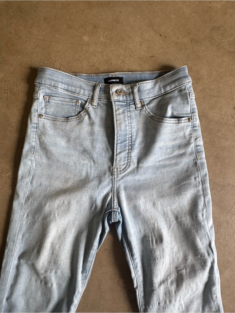 Express Light Blue Straight Jeans, Stretch, Flare, Raw-Hem Capris 6R